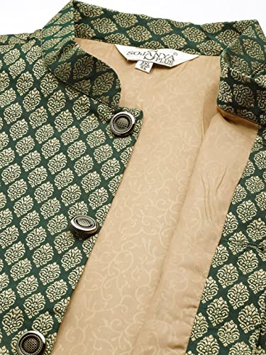 Image of SOJANYA (Since 1958) Men's Silk Blend Dark Green Kurta & Silk Blend Nehrujacket With Off White Churidar Pyjama Set