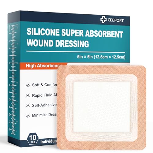 Ceeport Silicone Super Absorbent Wound Dressings 5 x 5 Adhesive Border Bandages for Heavy Exudate Leg Ulcers Bed Sores 10 Pack 3.35 3.35 Absorbent core