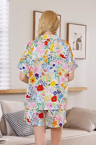 Image of YiNi LuLu Womens Silk Satin Shorts Pajamas Set Button Down 2 Piece Pjs Short Sleeve Oversized Sleepwear with Pockets