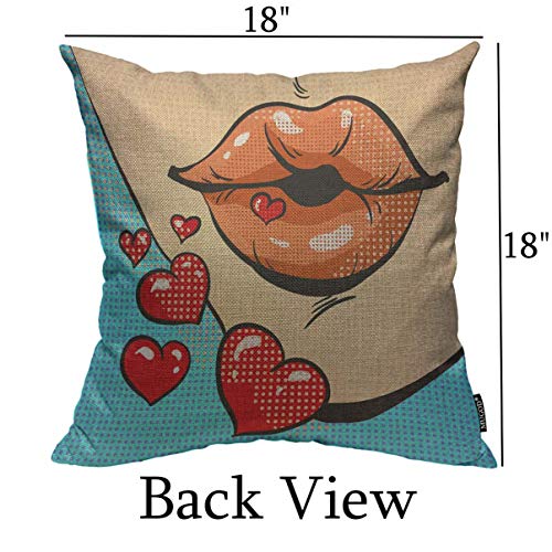 Mugod Pop Art Lips Throw Pillow Cover Woman Sending Heart Kisses Pop Art Comic Style Decorative Square Pillow Case For Home Bedroom Living Room Cushion Cover 18X18 Inch #TOP1