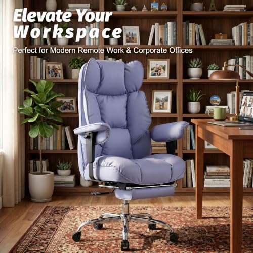Image of Efomao Executive Office Chair 400lbs,Purple Big and Tall Desk Chair | Mattress-grade pocket spring cushion, sleek leather, 135 recline & footrest for computer gaming setup.