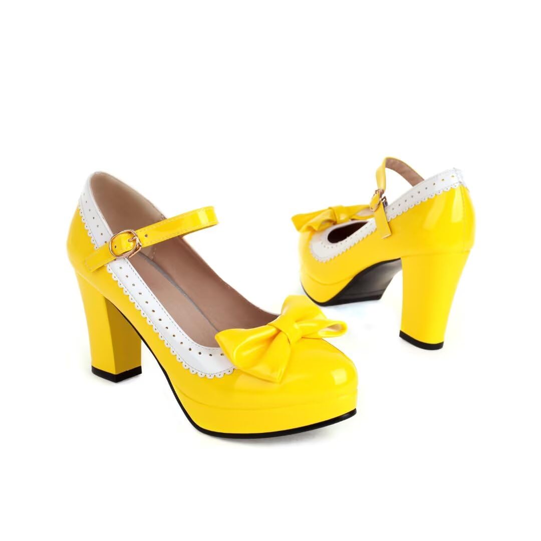 Damen Damen Plateau High Heels Pumps mit Schleife und Blockabsatz Mary Jane Schuhe