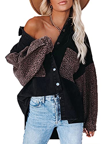 Women s Dolman Sleeve Button Up Demin Shirt Drop Shoulder Leopard Jean Shacket Jacket