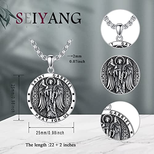 St Gabriel Necklace For Men 925 Sterling Silver Round Saint Archangel Gabriel Medal Pendant Guardian Angel Christian Amulet Jewelry St Gabriel Patron Medallion Catholic Protection Gift For Women Father Son #TOP1