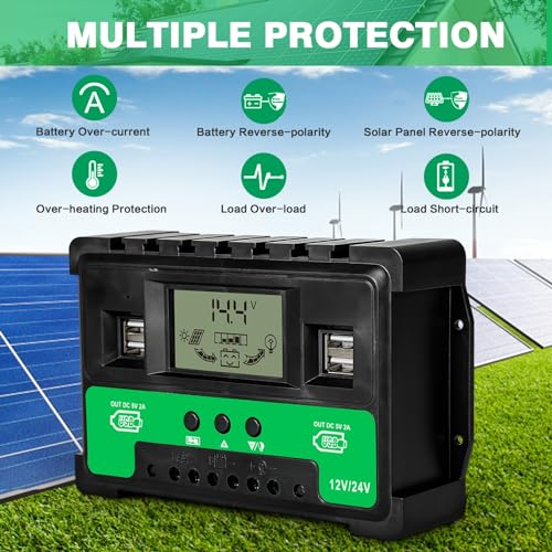 BuyWeek 60A MPPT Solar Laderegler 12V/24V Solarladeregler mit LCD-Display und 4 USB Ports MPPT Solarregler Solar Charge Controller für Blei Säure Lithium Batterien