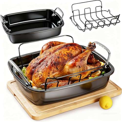 Comparison: Best Roasting Pan For Turkey 6 Large Nonstick Roasting Pan with Rack, Turkey Roasting Pan with Wider Handles, Heavy Duty Construction Roaster - 17.2 Inch x 13.5 Inch for Oven