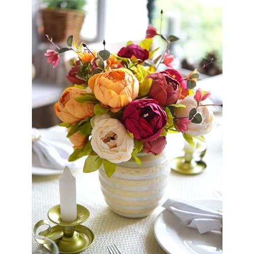 Image of FiveSeasonStuff Sunset Whisper Artificial Peony & Hydrangea Bouquets, 2 Silk Flower Bundles with 2 Gold Taper Candle Holders, Cream Apricot & Berry Red Centerpiece for Home & Wedding Tables