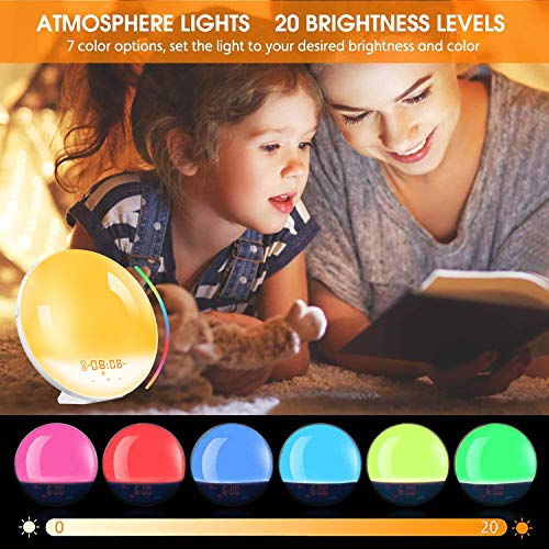 Luz LED para despertar, simulador de amanecer, despertar luminoso temporal, 20 niveles de brillo simulador de amanecer y atardecer, 8 sonidos naturales con función Snooze Nightlight
