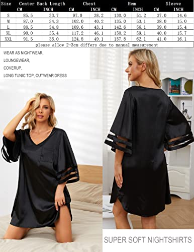 Czdolay Women's Sleepshirts Silk Sleep Tee 3/4 Sleeves V Neck Nightgown (Black, Xxl) #TOP6