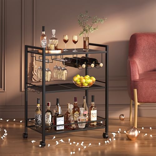 Image of Joaxswe Bar Cart,3-Tier Home Bar Serving Cart with Lockable Wheels,Black
