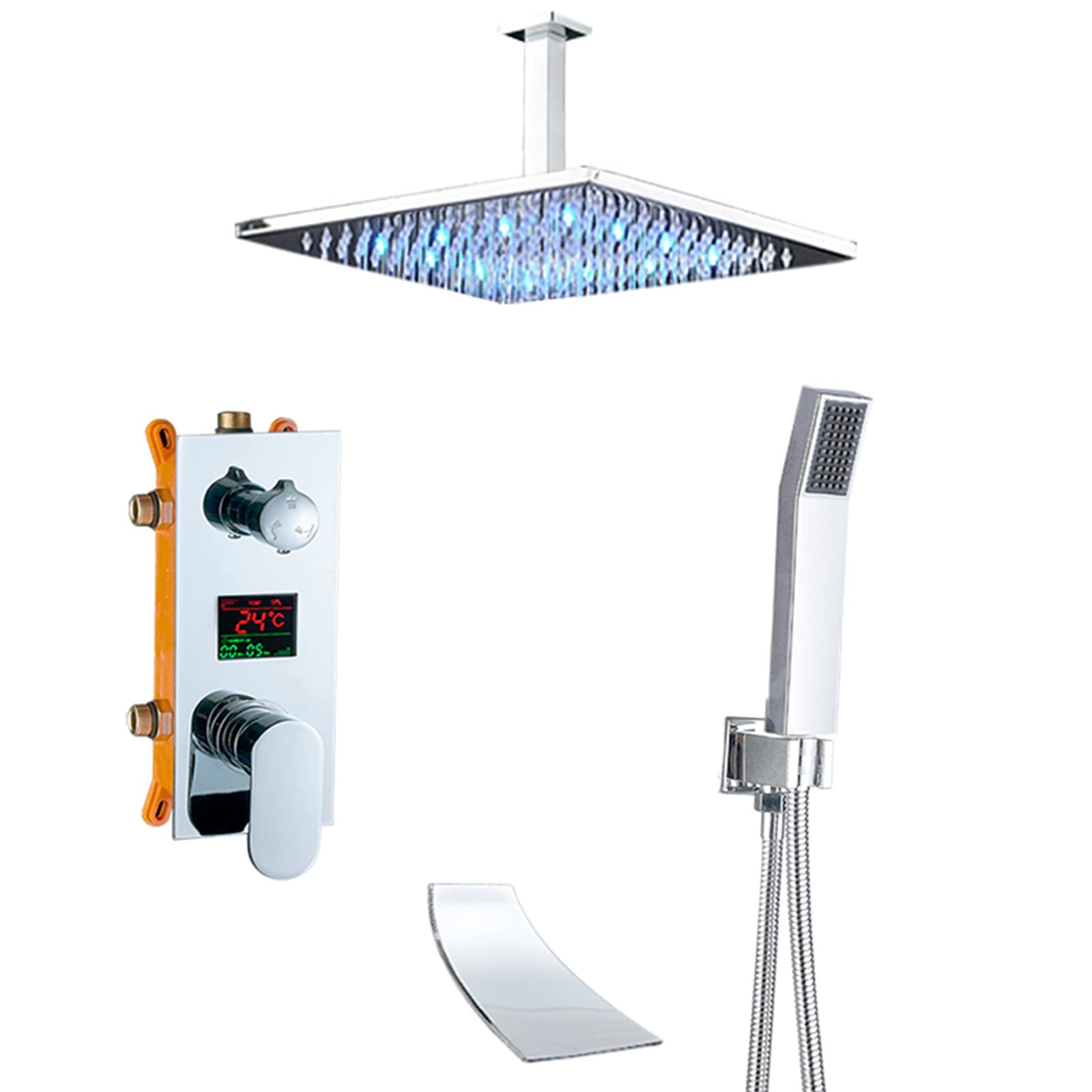 Ensemble de douche encastré luxueux en chrome avec pommeau pluie LED et affichage digital