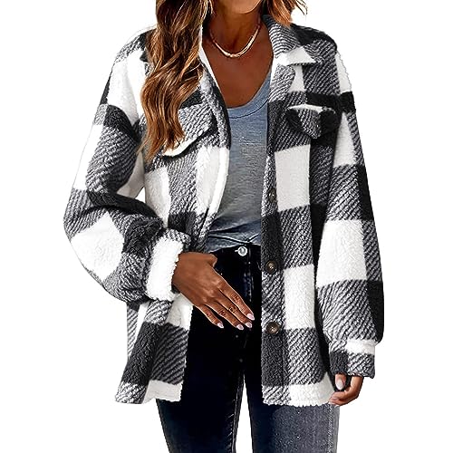 GOFULY Womens Winter Coats Casual Fuzzy Fleece Hoodies Button up Fall Sherpa Jackets Warm Plaid Cardigans Trendy Outerwear