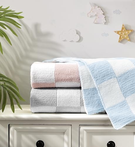 Image of CREVENT 30 inchX40 inch Cozy Soft Warm Chenille Baby Blanket for Girls Boys, Newborn Essentials for Infant, Baby Shower Receiving Gift - Checked Pink 75X100cm