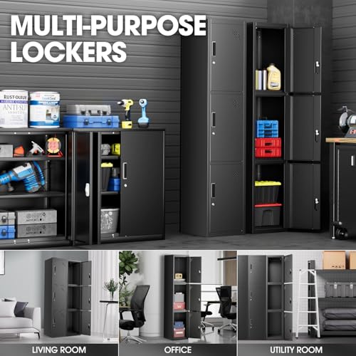 Image of DNA Motoring Metal Storage Cabinet for Employees with Keys, 71 inch Employees Metal Locker with 3 Doors, Tall Storage Lockers for Garage,Office,Home,Gym, Black, TOOLS-00789-BK-BK