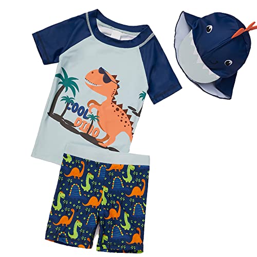 Image of BAOPTEIL Baby Toddler Boys 3-Pieces Swimsuit Sets Blue Shark Bathing Suit Rash Guards Sunsuit Swimwear with Hat UPF 50+ FBA