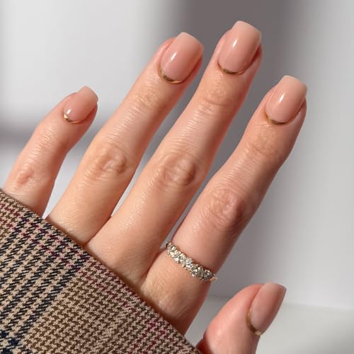 Glamnetic Press On Nails - Goal Setter | Short Squoval Neutral Fake Nails with Gold Reverse French