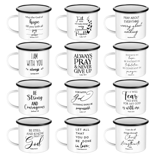 Mifoci Christian Mothers Day Gifts Enamel Mugs Inspirational Coffee Mugs with Handle Bible Verse Religious Camping Cups Church Party Favors for Church Clergy Pastor Women Graduation(White,12 Pcs)