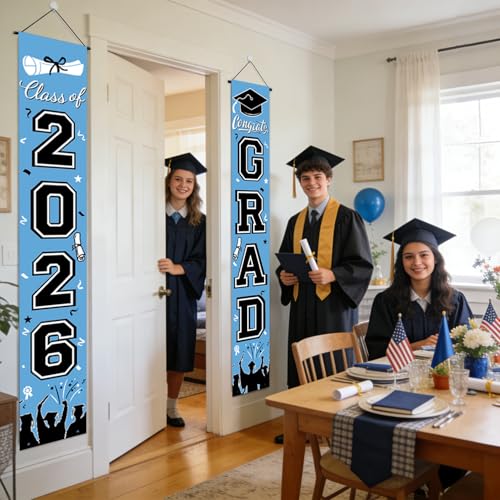 Image of Graduation Banner Class of 2026, Graduation Decorations 2026 Porch Banner, Sky Blue Congrats Grad Decorations for Door and Porch Party Supplies