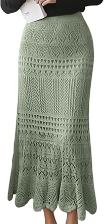 Womens Crochet Knitted Stretchy High Waist Hollow Out Lined Lace Maxi Skirt