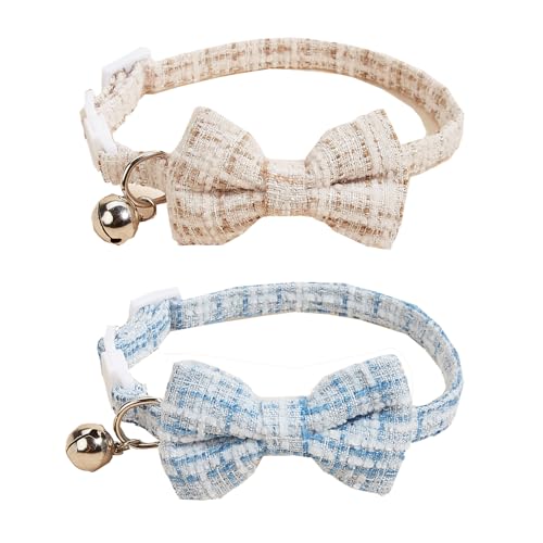 Bnibol 2-Pack Breakaway Cat Collars with Removable Double-Layer Bow Tie and Bell for Boy and Girl Cats,Safety Kitten Collars Suitable for Festivals and Daily. (Yellow/Blue)