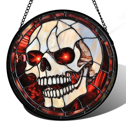 Image of Stained Glass Window Hanging - Halloween Decorations White Skeleton Suncatcher for Doors Garden Indoor Spooky Funny Red Sun Catchers Gothic Decor Horror Gifts for Women Men Friend 7.8 in
