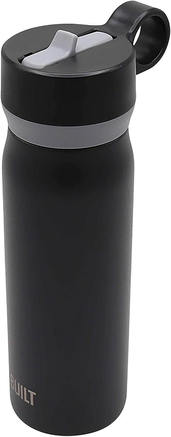 BUILT 20 Ounces Wide Mouth Cascade Double Wall Vacuum Insulated Stainless Steel Bottle with Straw Lid, Black