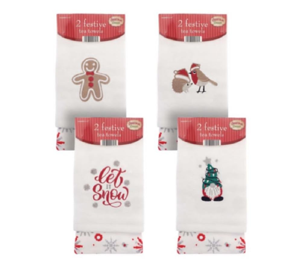 COUNTRY CLUBChristmas Tea Towels, gingerbread man, festive friends, let it snow or gnome. One supplied at random,Pk of 2 teatowel