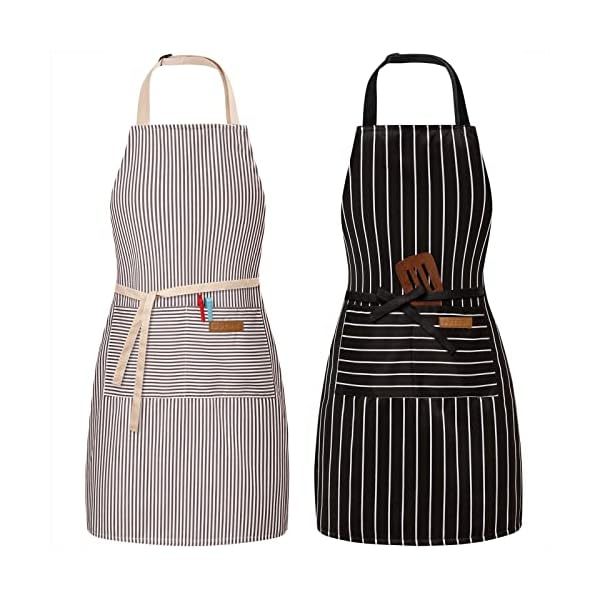 BeLuyi 2 Pack Adjustable Bib Apron with 2 Pockets Chef Cooking Kitchen Restaurant Aprons for Women Men (Black/Brown Stripes)