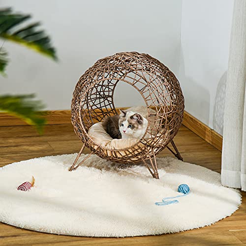 Pawhut-Cama-Cueva-para-Gatos-de-Ratan-Cesta-para-Mascotas-Pequenas-con-Base-Tripode-Cojin-Suave-2-Entradas-Diseno-Elevado-O50x56-cm-Cueva-Marron-y-Cojin-Beige CAma para gatos de diseño minimalista