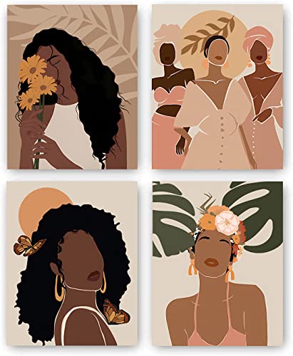African American Woman Art,Modern Minimalist Black Woman Leaf Art Painting，Girl Wall Art Fashion Pop Boho Queen Girl Room Poster Painting Female Bathroom Bedroom Dressing Room Wall Home Decor,Set Of 4 (8"X 10"）No Frame #TOP14