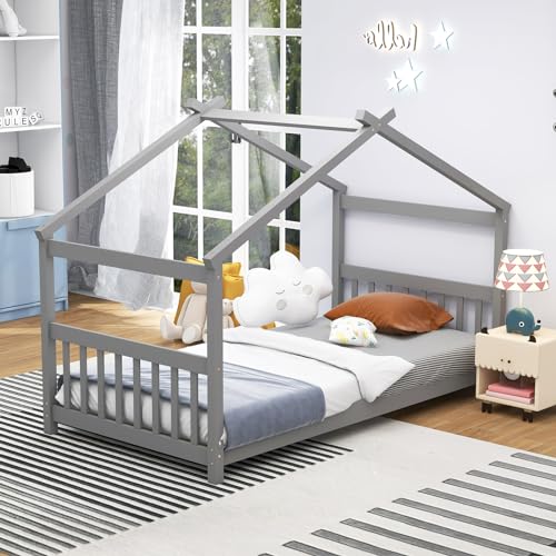 KOMFOTT Twin Wood House Bed for Kids Low Profile Floor Bed Frame with Roof Headboard Footboard Tent Bed for Toddlers Boys Girls Wood Montessori Bed No Box Spring Needed Grey