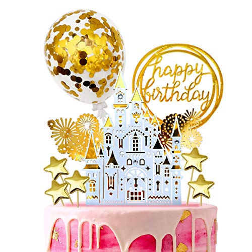 MOVINPE Gold Birthday Cake Decoration Gold White Castle Happy Birthday Banner Confetti Balloon Fireworks Star Golden cake Topper for Gold Theme Party Decor Girl Boy Kid Women Man