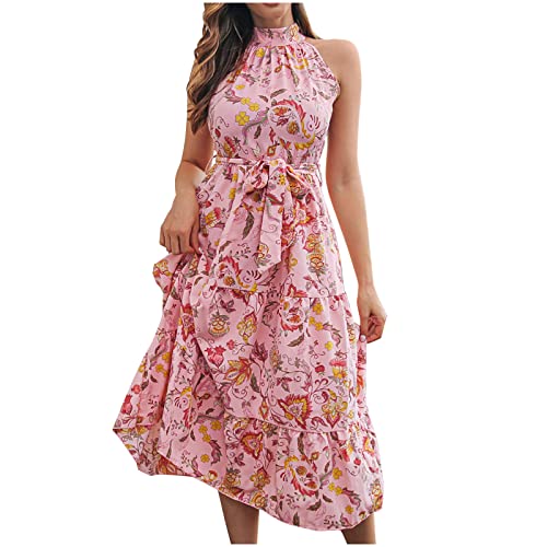 Halter Dresses For Women Summer Casual Vintage Boho Floral Print Sleeveless Mock Crew Neck Maxi Tiered Dress With Strappy #TOP23
