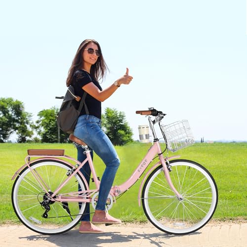 26 Inch Foldable Beach Cruiser Bike with Detachable Cup Holder,Stylish Ladies\' Bike with Detachable Foldable Metal Basket,7-Speed,Women\'s Folding Bike for Commuting,Fitness and Vacation (Pink)