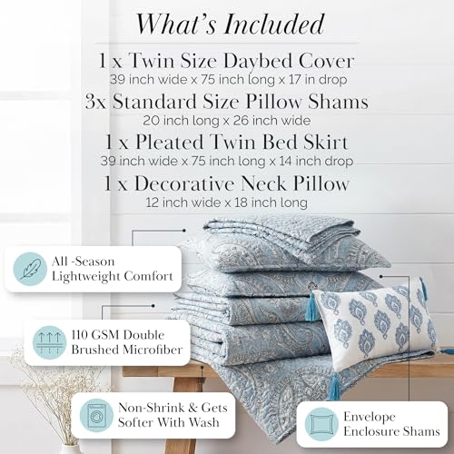 Image of Southshore Fine Living, Inc. Twin Daybed Covers, Boho Bedding Set, Boho Daybed Cover Set, 3 Pillow Shams, 1 Bedskirt, 1 Throw Pillow - Twin Day Bed Covers, Day Bed Bedding Sets, Pure Melody Aqua