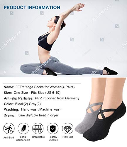 Yoga Socks with Grips for Women, Non Slip Sticky Sock for Pilates & Pure Barre & Hospital & Walking & Dance & Indoor (4 Pack, Size 6-10)