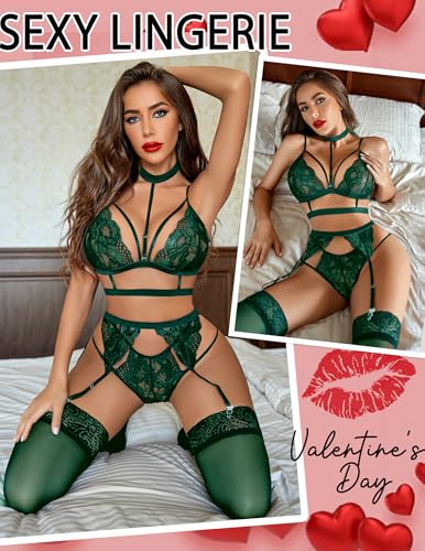 Image of Avidlove Lace Garter Lingerie Set with Removable Choker Teddy Babydoll Strappy Bra and Panty Set (No Stockings)