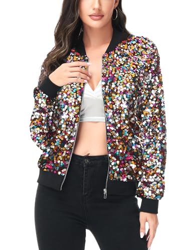 Anna-Kaci Womens Sequin Jacket Bomber Coat 1989 Slitter Outfit For Concert Party, Multicolor, Medium - Thumbnail 3