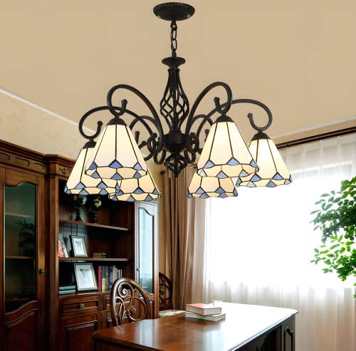 Lustre vitrail vintage cône blanc suspension 5 lumières salle à manger plafond