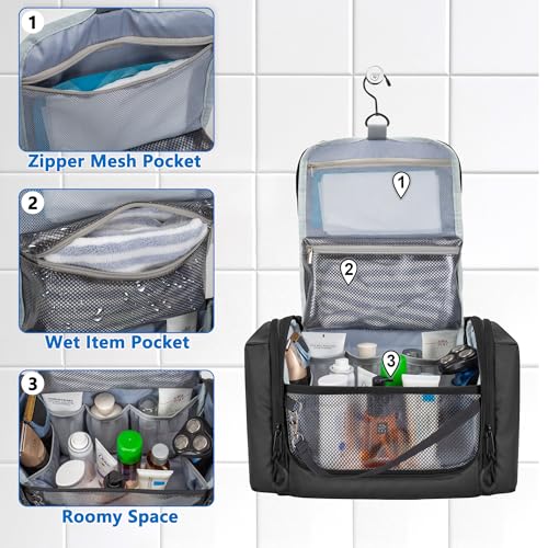 Hanging Toiletry Bag for Men, Tactical Dopp Kit Toiletry Travel Bag, Large Hygiene Organizer Shower Bag for Camping Outdoor, Black2