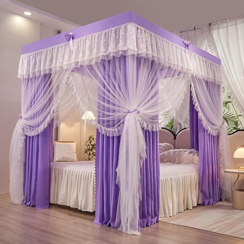 HDSDVNON Dosel de Cama de Color Liso con 4 Postes en Las Esquinas, Cortina de Doble Capa y mosquitera de Princesa for decoración de Dormitorio de niñas y Adultos.(70' W x 86' L (Pack of 1),Purple-1)