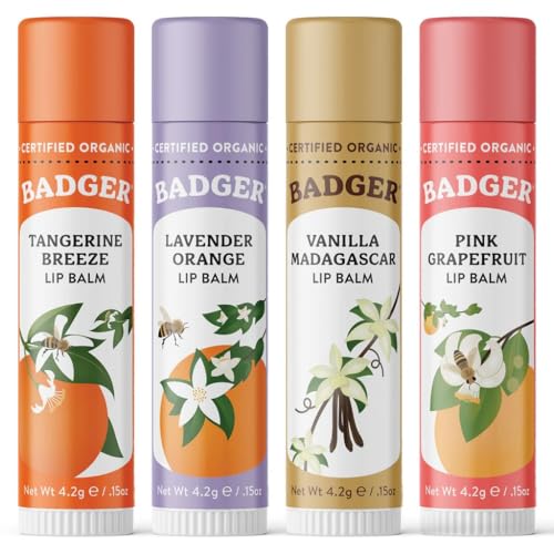 Badger Organic Lip Balm Sticks – Set of 4 | Mint, Tea Tree, Unscented & Tangerine | Organic, Petroleum-Free & Olive Oil-Enriched | Moisturises & Protects Lips for Natural Softness