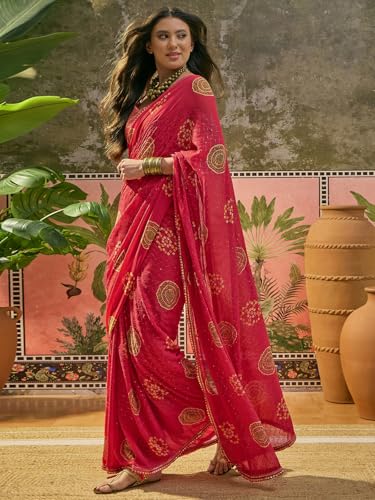 Image of SIRIL Women's Georgette Bandhani Printed Saree With Unstitched Blouse Piece