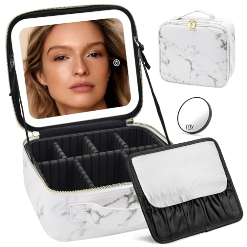 Travel Makeup Bag with Mirror and Lights, Makeup Case with Lighted Mirror 3 Color Lights