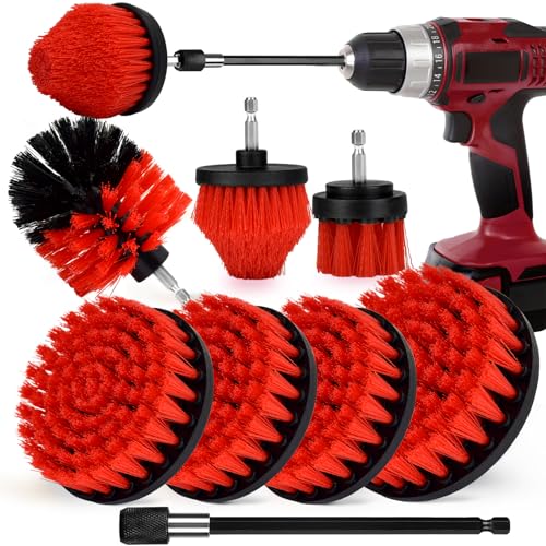 Image of 8 Pack Drill Brush Attachment Set, 1 /4in Power Scrubber Brush + Extend Long Rod, Multi-Purpose Power Cleaning Scrub Brush for Bathroom, Tub, Tile, Corner, Floor(Red)