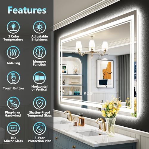 Image of 55x36 LED Bathroom Mirror with Lights, Backlit and Front Lit Anti-Fog Lighted Vanity Mirrors for Bathroom Wall, Dimmable, 3-Color Light, Memory, Shatter-Proof, HD Tempered Glass, CRI>90