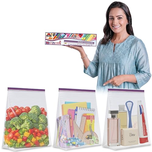 Image of Shalimar Zip 'N' Slider (Press Fit) Bags | Large (30.5 cm X 35.5 cm) | Pack of 45 Bags |Ziplock /Vegetable /Fruit /Fridge /Multi-Purpose Storage Bag | Reusable & Reclosable with Double Lock| Color-Natural