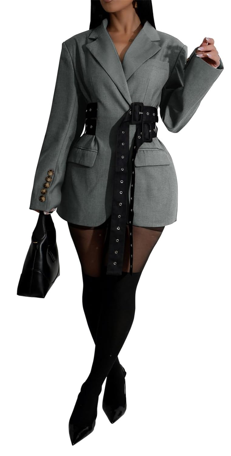 Womens Long Sleeve Lapel V Neck Button Lace Up Belted Sexy Nightclub Party Blazer Jackets
