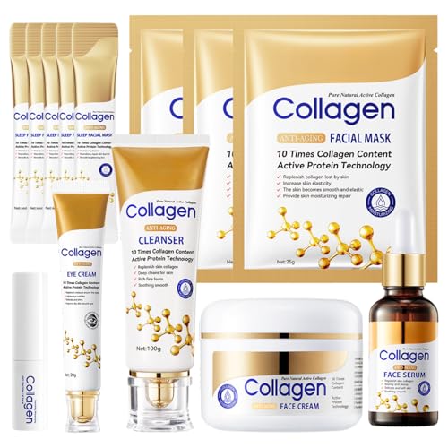 13 Stück Collagen Skincare Set, Anti Aging Korean Skincare Set mit Gesichtsreiniger, Creme, Serum, Maske & Lippenbalsam, Feuchtigkeit & Straffend Gesichtspflege Set Damen, Perfektes Damen Geschenkset