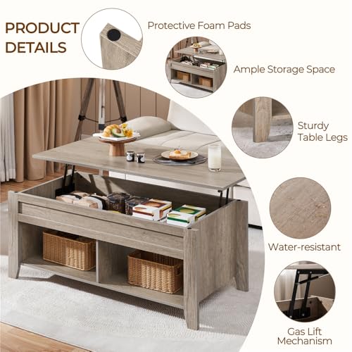 Miniatura 4 de Yaheetech Mesa Centro Elevable De Madera Mesa De Café Para Salón Con Revistero Mueble De Diseño Moderno 104,5 X 49,5 X 49-61,5 Cm Gris